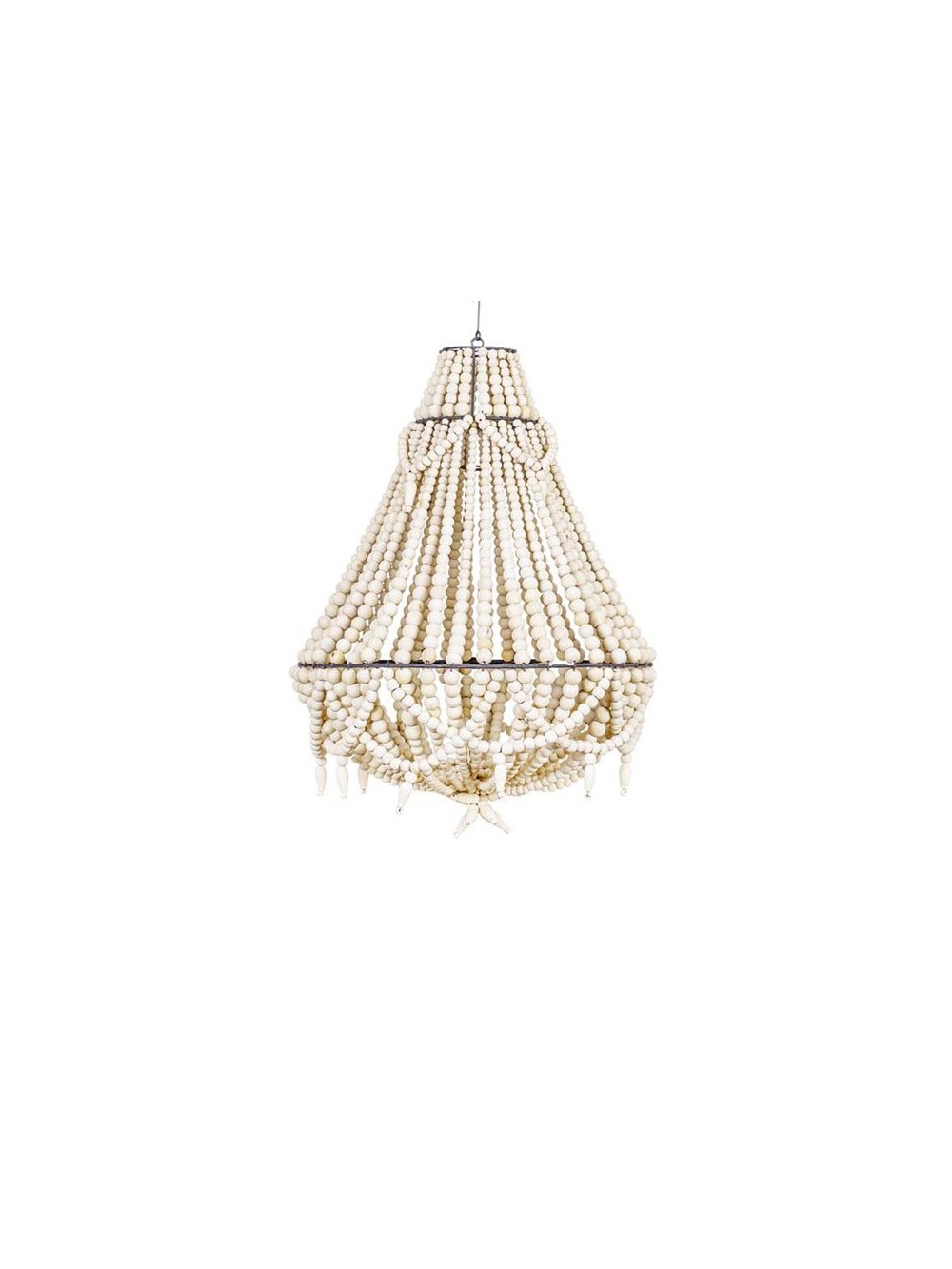 LUSTRE EN PERLES DE BOIS NATUREL AVEC PAMPILLES DIA.50 H.80CM